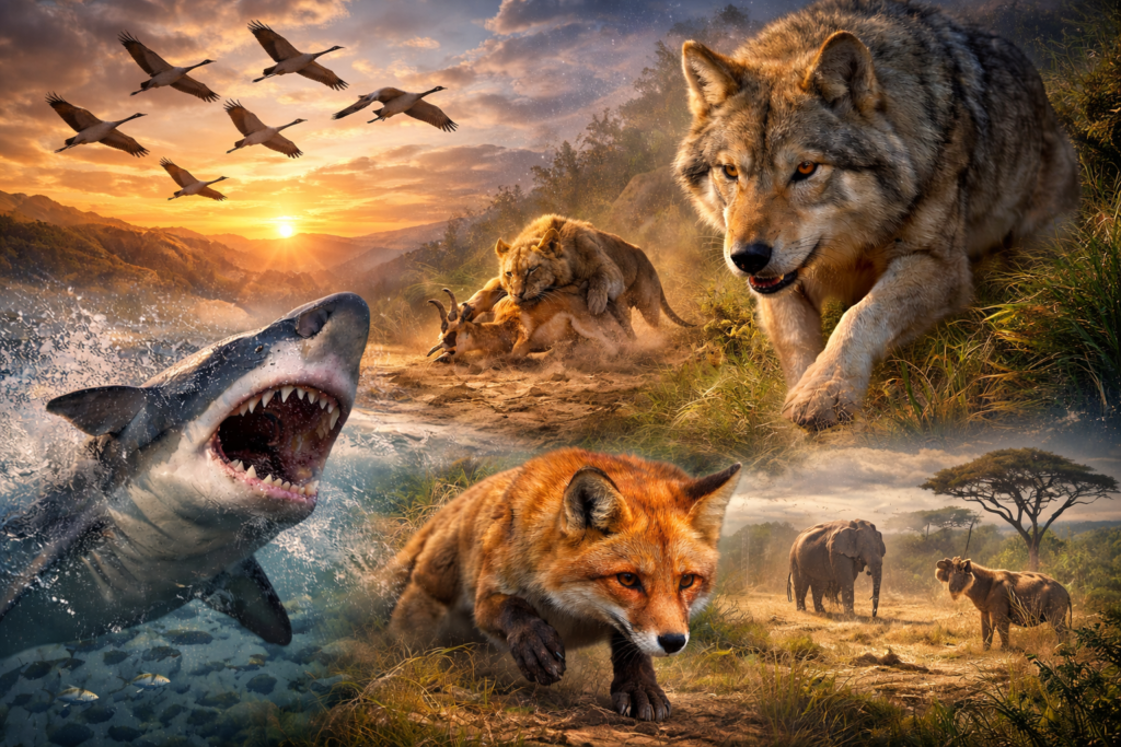 Animals using natural instincts to hunt, migrate, and survive in the wild.