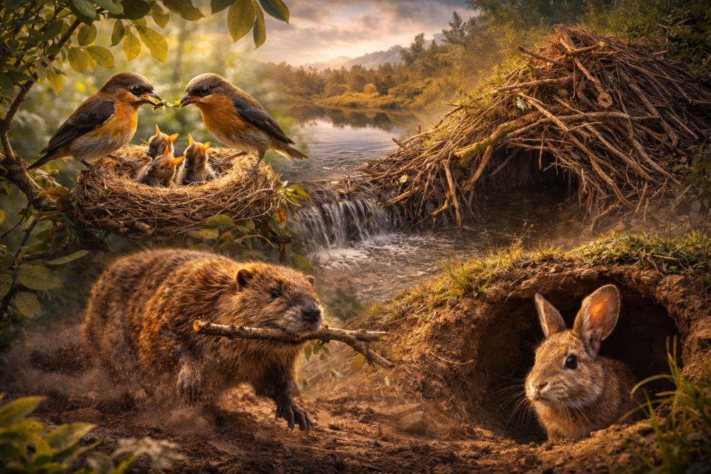 Birds building nests and beavers constructing dams as natural shelter instincts.