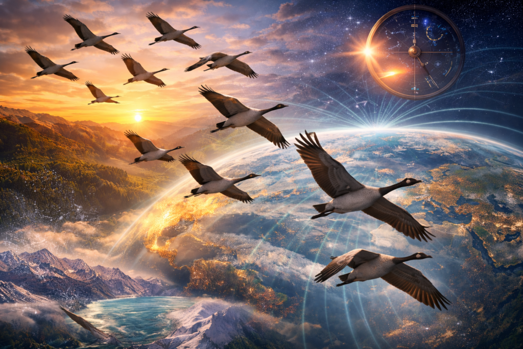 Migrating birds flying long distances using the sun, stars, and Earth's magnetic field.