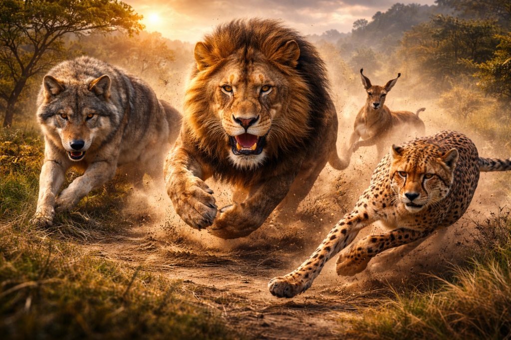 Lion, wolf, and cheetah hunting prey using natural predator instincts.